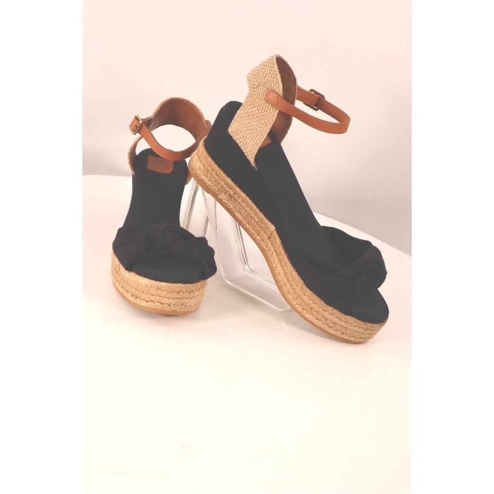 Tory Burch Knotted Bow Espadrille Wedge Sandals Black/Tan Leather Strap Size 10 - Picture 7 of 10
